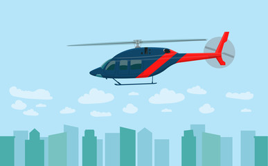 Obraz na płótnie Canvas Helicopter over the city. Side view. Vector flat style illustration