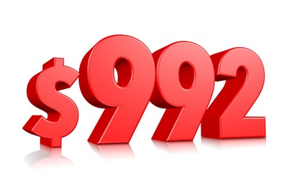 $992 Nine hundred ninety two price symbol. red text number 3d render with dollar sign on white background