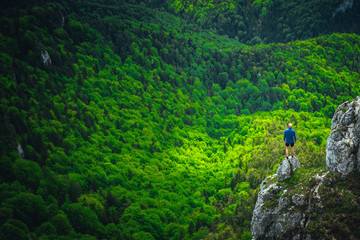 Naklejka na ściany i meble Man and nature. Unknown hiker looking at beautiful green summer forest