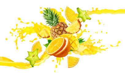 Fototapety  Orange, pineapple, mango fruit juices liquid 3D splash mix. Healthy fruits juice or smoothie splash label ad banner design with orange, pineapple, mango fruits and juice splash wave isolated on white