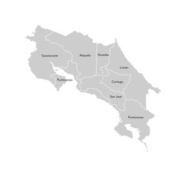 Vector isolated illustration of simplified administrative map of Costa Rica. Borders and names of the provinces (regions). Grey silhouettes. White outline