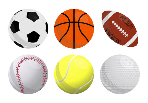 Colorful vector set of sport balls icons: basketball, football, american football, baseball, tennis, golf. Flat style. Eps 10