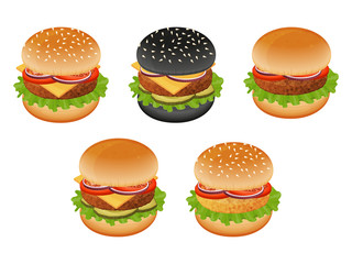 Set of delicious burgers. Hamburger, cheeseburger, black burger, chickenburger. Object for packaging, advertisements, menu. Isolated on white. Vector illustration. Cartoon.