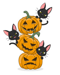 Halloween card. Black cats and pumpkins. isolated vector