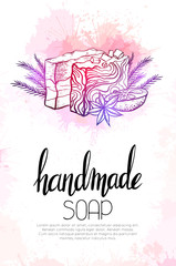 Vertical banner with neon illustration of handmade soaps with orange, juniper twigs, star anise and lettering on watercolor splash. Vector hand drawn drawing for cards, recipes and your creativity.