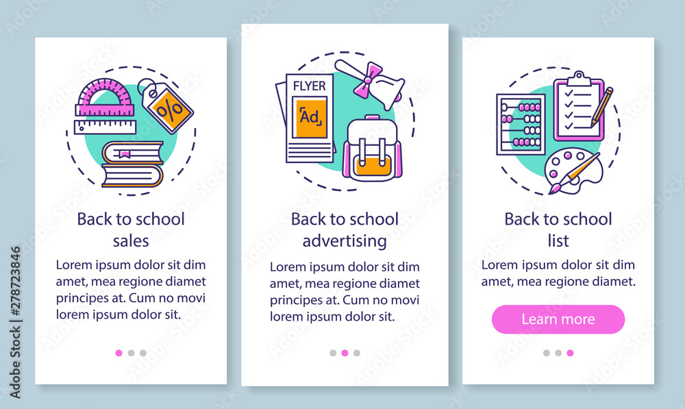 Wall mural back to school onboarding mobile app page screen with linear concepts. return to studying walkthroug