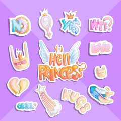 Hell princess sticker collection. Set of vector cute princess stickers and icons - star, donut, sneakers, cat, heart and other objects on princess little girl theme.