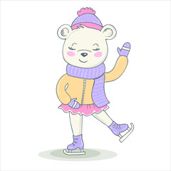 Obraz na płótnie Canvas Figure skater girl bear isolated on white background. Vector illustration for t-shirt, clothes, textile, placards, posters, stickers, mugs, covers, patterns, phone cases and other use