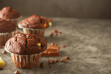 Chocolate muffins with chocolate chips isolated.