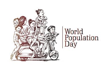 World Population Day, 11 July, Happy with his family sitting on scooter- Hand Drawn Sketch Vector illustration.