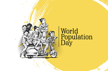 World Population Day, 11 July, Happy with his family sitting on scooter- Hand Drawn Sketch Vector illustration.