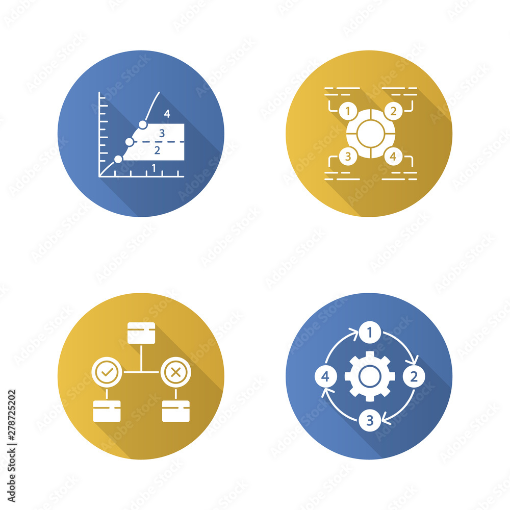 Poster diagram concepts flat design long shadow glyph icons set. decision, explanatory, phase, process char