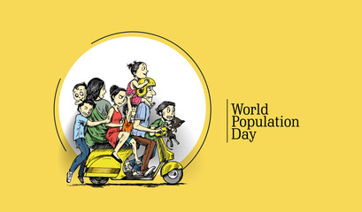 World Population Day, 11 July, Happy with his family sitting on scooter- Hand Drawn Sketch Vector illustration.