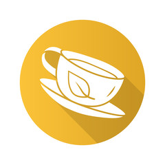 Green tea cup flat design long shadow glyph icon. Natural, eco herbal drink. Coffee shop, cafe logo. Detox dietary drinking, healthy eating. Porcelain mug with beverage vector silhouette illustration