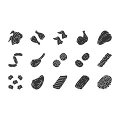 Butchers meat glyph icons set. Chicken drumsticks, breast and ham. Bacon, burger patties, steaks, oxtails. Butchery business. Meat production and sale. Silhouette symbols. Vector isolated illustration