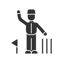 Cricket judge glyph icon. Umpire signals decision. Arbitrator follow game. Man in uniform, flag, wicket. Sport competition, tournament. Silhouette symbol. Negative space. Vector isolated illustration