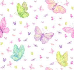Fototapeta na wymiar butterflies on white background, seamless pattern, watercolor, digital paper, textile,