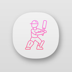 Cricket player app icon. Batsman ready to fight off pitch. Cricketer in uniform, leg pads with bat. Team game. UI/UX user interface. Web or mobile applications. Vector isolated illustrations