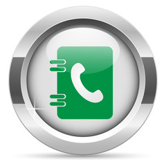 Phone book icon.White metal internet button. Glass with green icon, vector.
