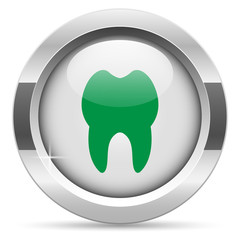 Tooth icon.White metal internet button. Glass with green icon, vector.