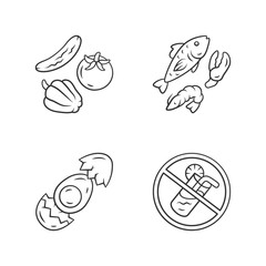 Healthy balanced eating linear icons set. High vitamin and omega 3 food. Seafood thin line contour symbols. Egg, vegetables, fish isolated vector outline illustrations. Editable stroke