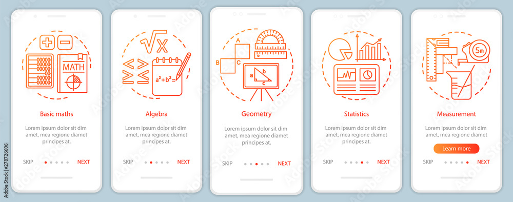 Poster educational tool, studying mathematics onboarding mobile app page screen vector template. walkthroug