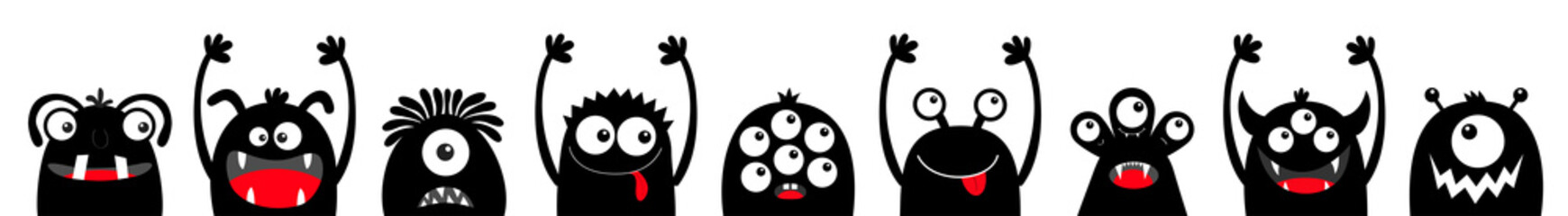 Happy Halloween. Monster black silhouette head face icon set line. Eyes, tongue, tooth fang, hands up. Cute cartoon kawaii scary funny baby character. White background. Flat design.