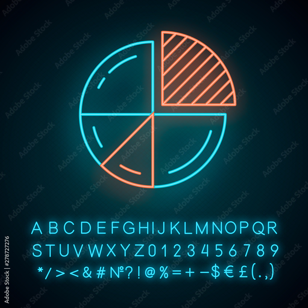 Poster pie chart neon light icon. circle divided into parts. diagram. circular statistical graphic. data vi