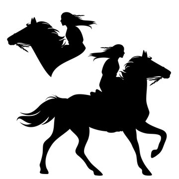 native american woman riding a horse - horseback indian girl black and white vector silhouette