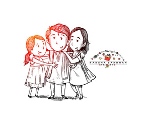 Happy Raksha Bandhan celebration Poster. Beautiful frame with illustration of cute little sister and brother. Hand Draw Sketch Design Illustration.