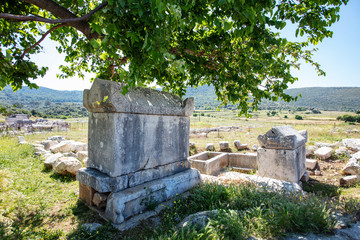 Patara (Pttra). Ruins of the ancient Lycian city Patara. Amphi-theatre and the assembly hall of Lycia public. Patara was at the Lycia (Lycian) League's capital. Aerial view shooting. Antalya, TURKEY