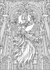 Coloring book for adults, the Ghost of a woman hovers in the middle of a majestic Cathedral with tall columns.