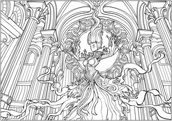 Coloring book for adults, the Witch hovers in the middle of a majestic Cathedral with tall columns.