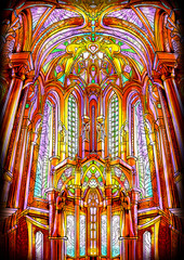 Beautiful Cathedral with columns, statues and stained glass Windows