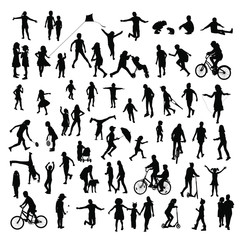 Silhouettes of children in different poses, big set, vector. Children play, run,jump, ride a bike, walk. Different activity of children.