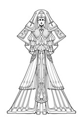 A young nun in an elegant suit , with a pitiful expression, stands with her hands folded in prayer.