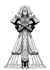 A young nun in an elegant suit , with a pitiful expression, stands with her hands folded in prayer.