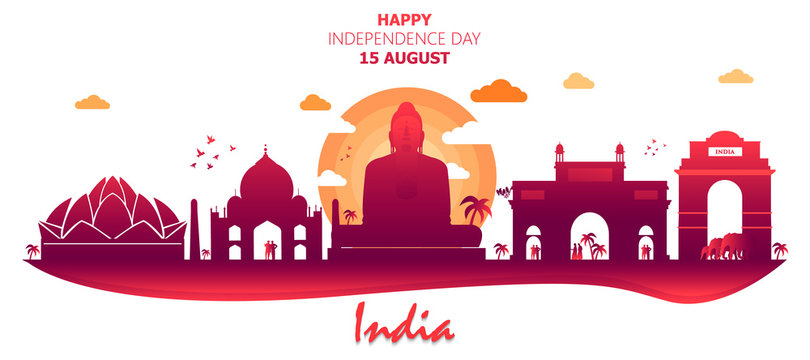 Happy Independence Day of India for 15th August. Famous monument of India in Indian background. Vector illustration EPS10