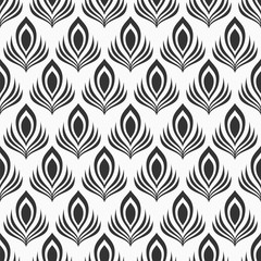 Abstract seamless pattern of stylized peacock feathers. Monochrome elegant vector background.
