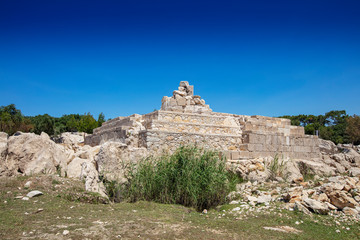 Patara (Pttra). Ruins of the ancient Lycian city Patara. Amphi-theatre and the assembly hall of Lycia public. Patara was at the Lycia (Lycian) League's capital. Aerial view shooting. Antalya, TURKEY