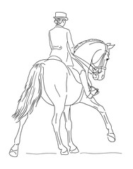 Fototapeta na wymiar Illustration of a dressage rider on a horse executing the half pass on gallop