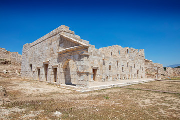 Patara (Pttra). Ruins of the ancient Lycian city Patara. Amphi-theatre and the assembly hall of Lycia public. Patara was at the Lycia (Lycian) League's capital. Aerial view shooting. Antalya, TURKEY