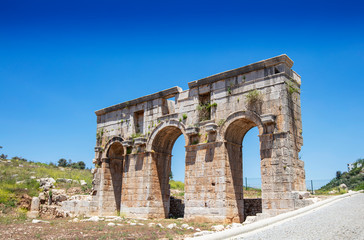 Patara (Pttra). Ruins of the ancient Lycian city Patara. Amphi-theatre and the assembly hall of Lycia public. Patara was at the Lycia (Lycian) League's capital. Aerial view shooting. Antalya, TURKEY
