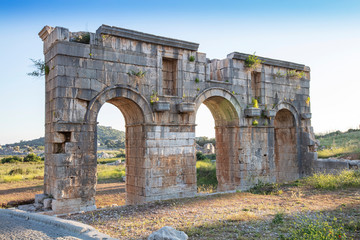 Patara (Pttra). Ruins of the ancient Lycian city Patara. Amphi-theatre and the assembly hall of Lycia public. Patara was at the Lycia (Lycian) League's capital. Aerial view shooting. Antalya, TURKEY