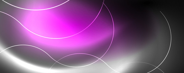 Shiny neon lights, dark abstract background with blurred magic neon light curved lines