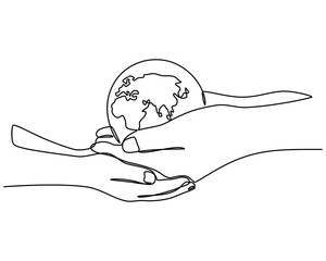 Continuous line drawing of hands holding Earth globe. Vector illustration isolated on white background