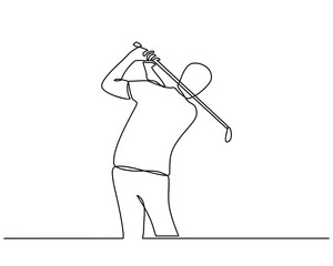 Continuous line drawing of the Golfer hit the ball in full swing to compete. Healthy Sport. man golfer player doing golf. Healthy Lifestyle Concept isolated on white background.