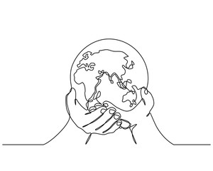 Continuous line drawing of hands holding Earth globe. Vector illustration isolated on white background