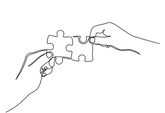recommend clip art: Continuous line drawing of hands Combining Two Puzzle Pieces isolated on white background.