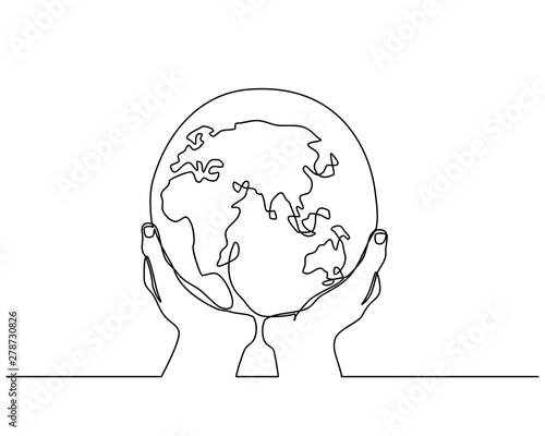 Continuous Line Drawing Of Hands Holding Earth Globe Vector
